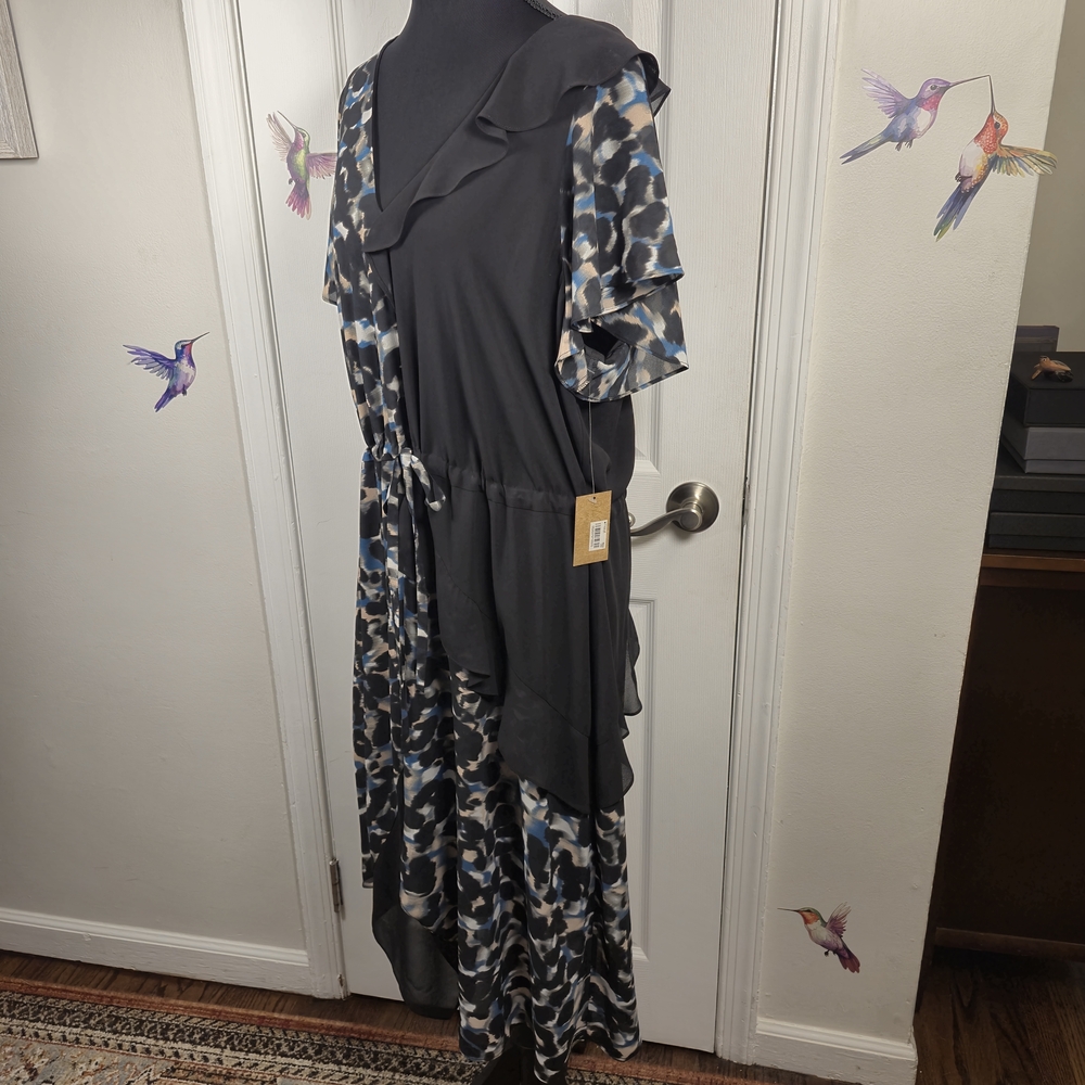 Rachel Roy XL Elegant Black Blue Animal Mixed Print Wrap Dress Ruffle Midi - Picture 4 of 8